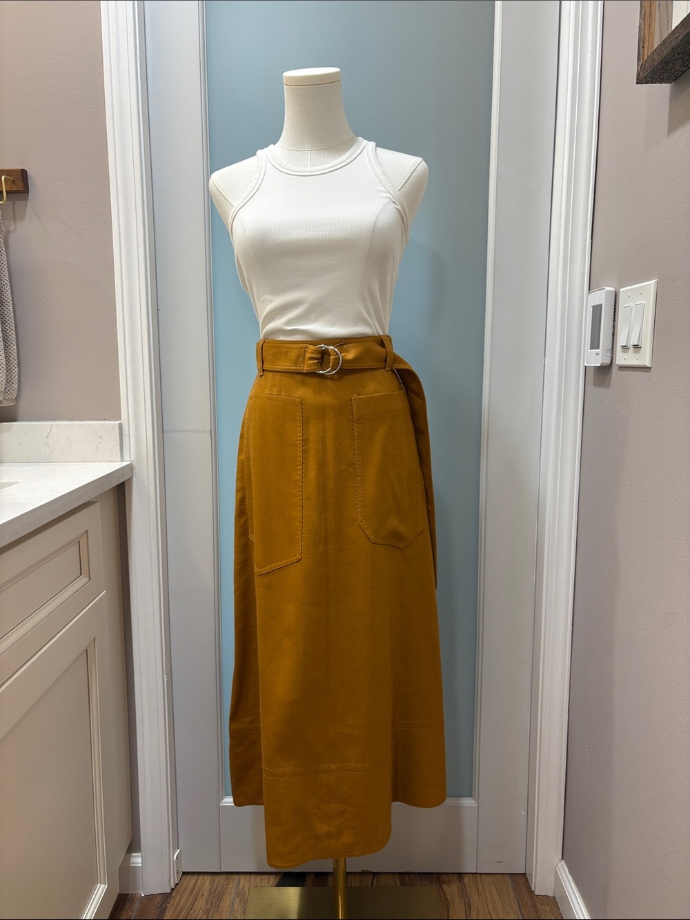 High-Waist Linen Belted Midi Skirt in Mustard